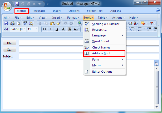 onde o catálogo de endereços está armazenado no Outlook 2007