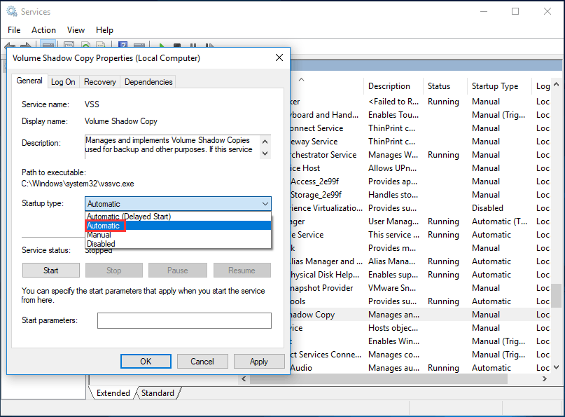 errore di copia shadow del volume di Windows Seven
