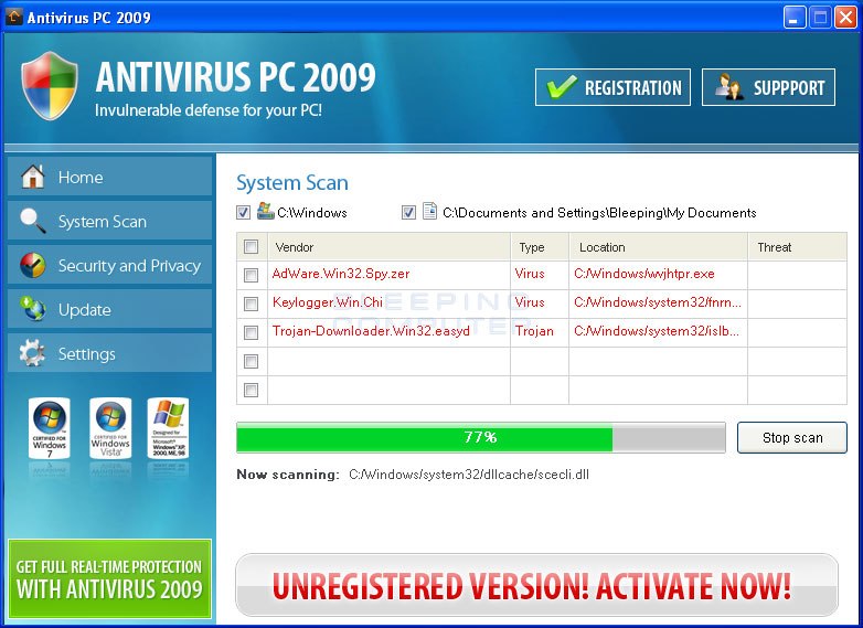 rejestracja antywirusa dla systemu Windows 2009