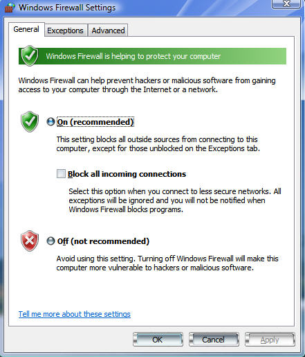 параметры брандмауэра Windows на всем пути через Vista