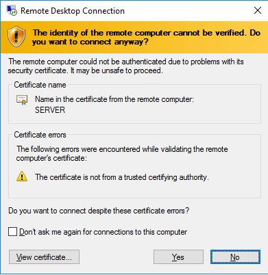 errore di certificato del server domestico di Windows 2011