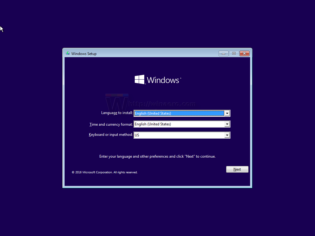 Instalator systemu Windows demonstruje po uruchomieniu