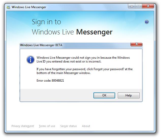 код ошибки программы Windows Live Messenger 80048821