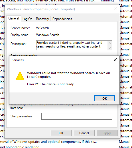 erreur de service de recherche Windows 3024
