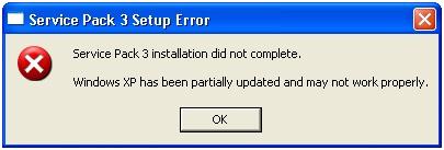 xp error the installation of sp3