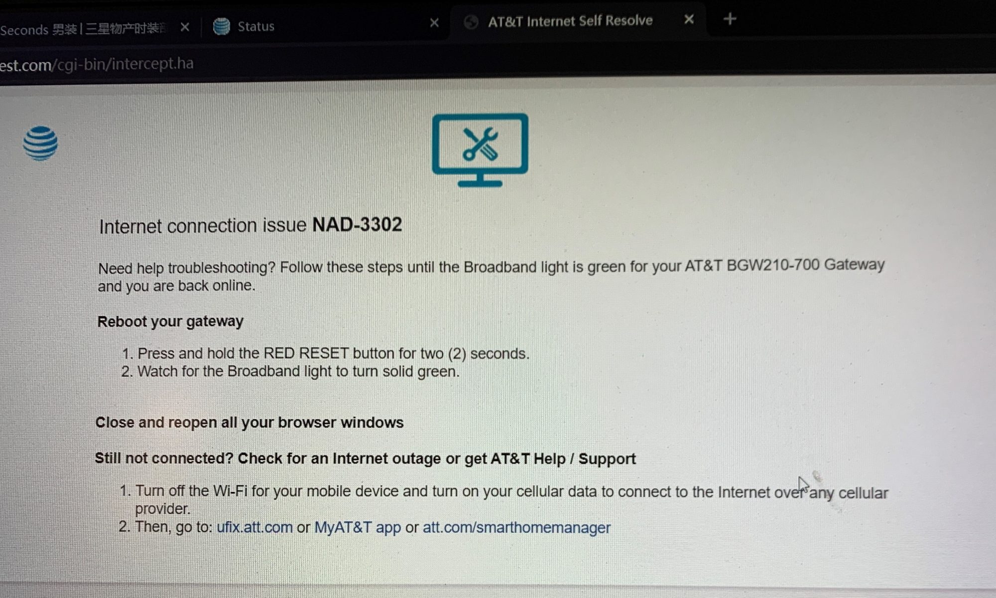 At&t Internet troubleshooting.